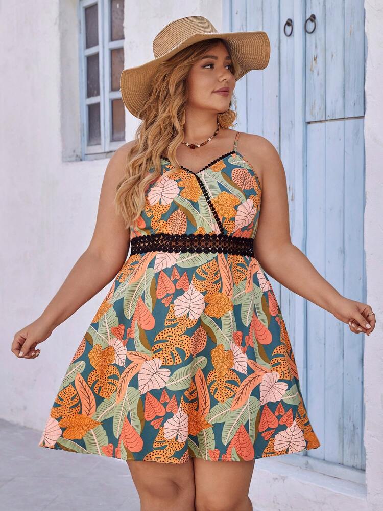 Plus Size Vintage Printed Fashionable Vacation Style Spaghetti Strap Dress