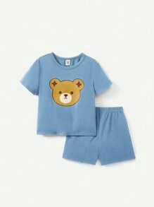 Cozy Pixies 嬰兒男寶寶卡通熊紋短袖圓領上衣和短褲四件套裝配對套裝 - 藍色 - 查看 15