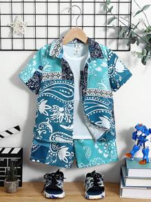 Boys' Paisley Printed Shirt And Shorts Set - Green - View 1