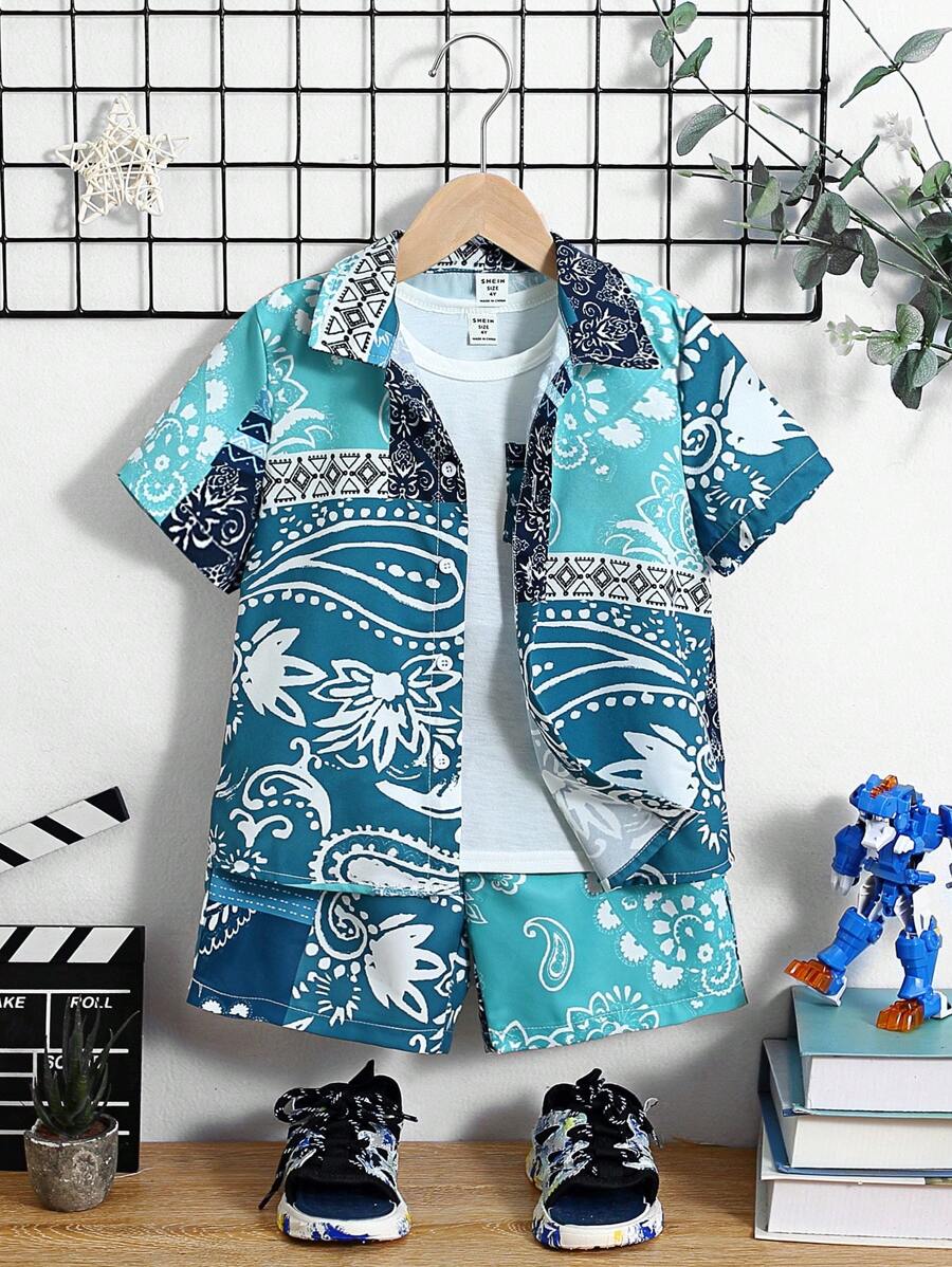 Boys' Paisley Printed Shirt And Shorts Set - Green - View 1
