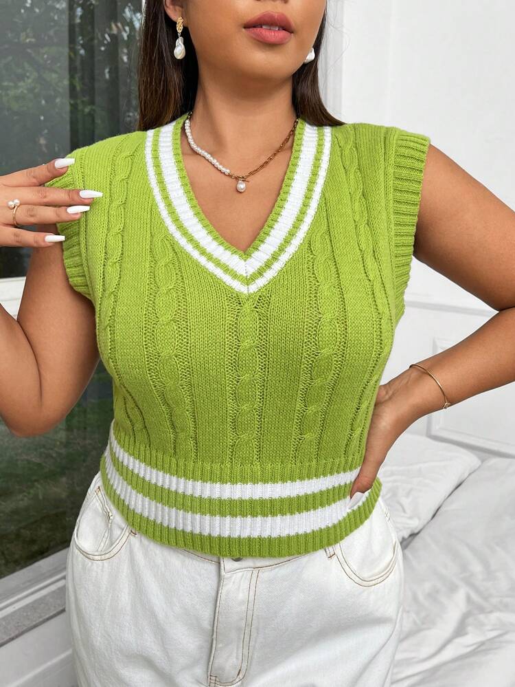 Plus Size  Women's Fall Clothes  V-Neck Striped Textured Design Casual Sweater Vest