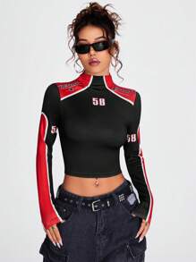 Coolane Letter Graphic Mock Neck Colorblock Crop Tee