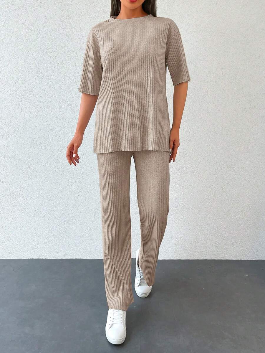 EURMUSE Solid Drop Shoulder Tee & Pants - Apricot - View 1
