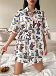 DAZY Women's Cute And Delicate Cartoon Pattern Short Sleeve And Shorts Pajama Set White Set Summer