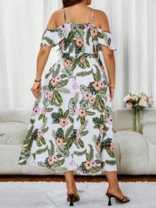 SHEIN Clasi Women's Plus Size Plant Printed Split Dress - White - View 2