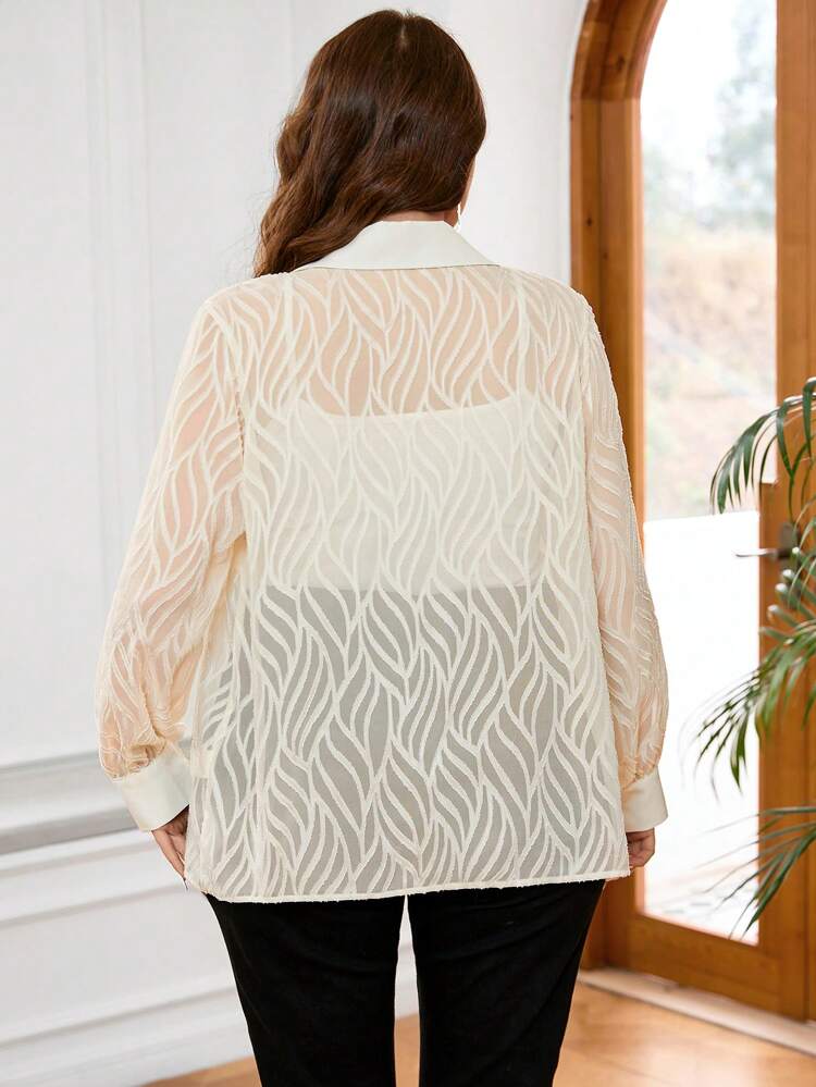 Plus Size Elegant Wave Texture Cut Flower Long Sleeve Sheer Thin Shirt For Commute Vacation Indoor Outdoor Wearing In Spring Summer