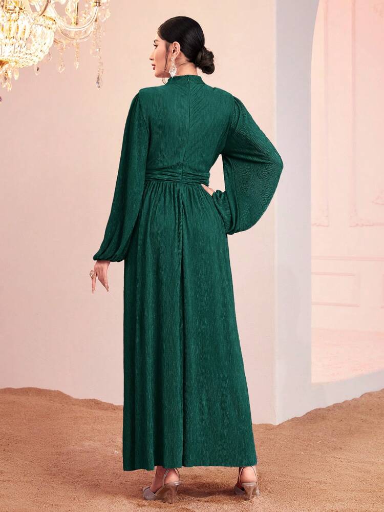 Solid Color Hollow Out Waist Cinched Lantern Sleeve Dress