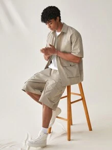 Manfinity RebelGame Set casual da 2 pezzi composto da camicia a maniche corte e pantaloncini in tessuto tinto unito, adatto per l'estate, amici, città