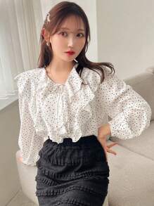 FRIFUL 波尔卡圆点印花荷叶边立领衬衫，配有系带细节长袖上衣 - 白色 - 查看 4