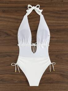 SHEIN Swim Summer Beach Solid Color One-Piece Swimsuit With Drawstring Waist And Halter Neck