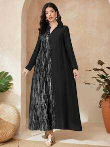 Seusyu Women's Arab Style Color-Block Turn-Down Collar Long Sleeve Dress - Black - View 5