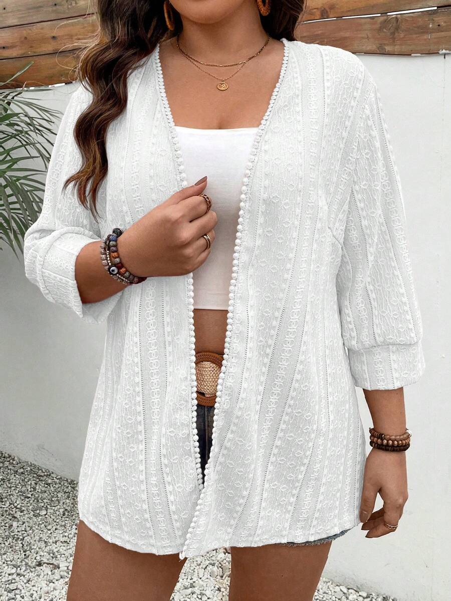 Franclia Plus Size Women's Lace Splice 3/4 Sleeve Jacket For Spring/Summer - White - View 1