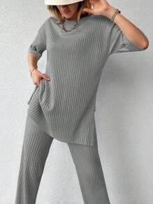 EURMUSE Split Hem Tee & Leggings - Grey - View 4