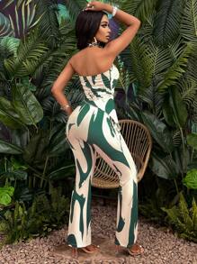 SOLERSUN 圖形印花不對稱搖擺上衣和喇叭褲(隨機款式) - 綠色 - 查看 2