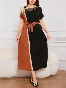 Modelyn 女士不對稱領口拼接腰帶和流蘇細節連衣裙 - 鏽棕色 - 查看 4