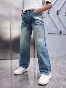 SHEIN 春夏季 Tween 男童休闲复古水洗宽松直筒蓝色牛仔裤 - 中等水洗藍 - 查看 5