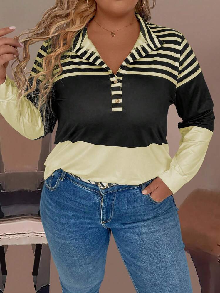 EMERY ROSE 男士大尺碼休閒條紋紐扣設計半扣長袖t恤 - 黃色 - 查看 3