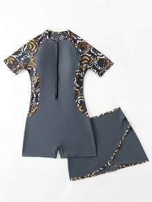 Swim Mulvari Women's Short Sleeve Half Zipper Front Animal Print Splicing One-Piece Swimwear & Skirt For Summer, Beach, Swimming, Vacation - Grey - View 6