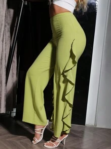 Zolique Pantalones Anchos Y Sueltos Con Detalles De Volantes En Los Laterales - Verde - Ver 3