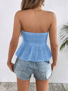 SHEIN VCAY Của phụ nữ Mùa hè Thêu Hoa Xù Hoa Sen Kỳ nghỉ Phong cách Áo không dây - Màu xanh lam - Xem 2