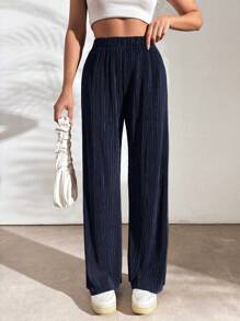 EURMUSE Solid Color Loose Knitted Pleated Slit Wide-Leg Pants - Navy Blue - View 5