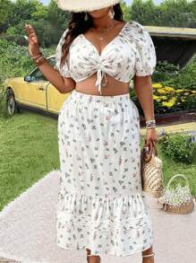 SHEIN LUNE Conjunto de top corto con escote de corazón y falda con estampado floral diminuto para tallas grandes - Blanco - Ver 5