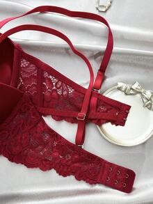 Lace Trim Underwire Bra And Panties Set For Women - Burgundy - View 6