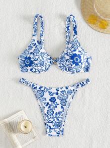 SHEIN Swim 夏季海滩女士花卉印花两件套比基尼套装 - 藍白色 - 查看 5