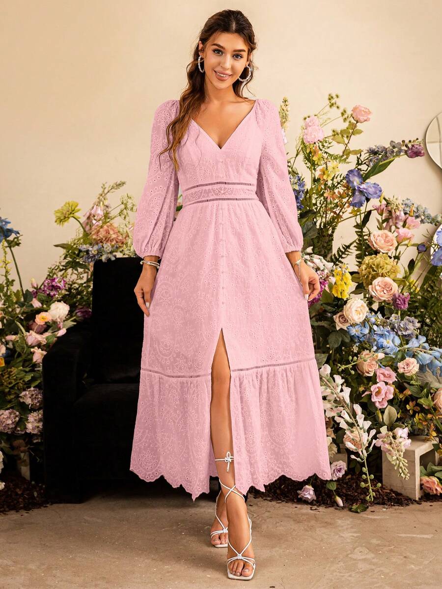 Simplee Women's Spring/Summer Lantern Sleeve Split Thigh Ruffle Hem Dress - Baby Pink - View 1