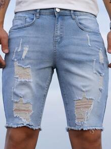 Manfinity Homme 男式做旧水洗牛仔短裤 - 淺色水洗藍 - 查看 4