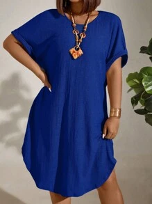 EMERY ROSE Plus Size Women's Solid Color Batwing Short Sleeve Loose Casual Dress With Round Neckline