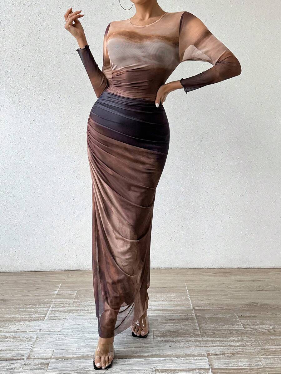 Chiquease Gradient Color Round Neck Pleated Long Sleeve Dress Maxi Women Outfit Fall Cloth For Women - Coffee Brown - View 1