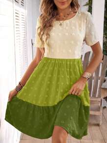 SHEIN LUNE Color-Block Short Sleeve Summer Holiday Midi Dress - Green - View 4
