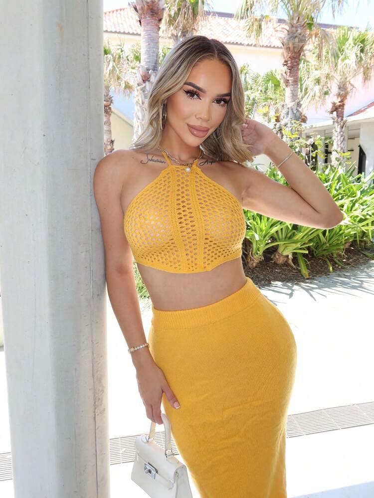 Women's Solid Color Crochet Halter Neck Sleeveless Top And Skirt Set