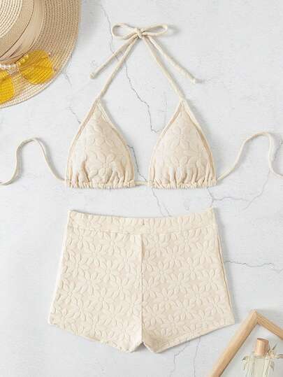 Swim Basics Women's Floral Flocked Halter Bikini Set Including Square Cut Bottom, Summer Beachwear