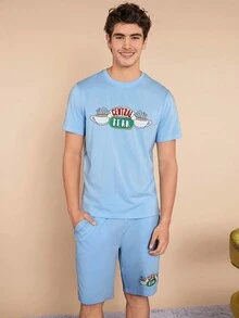 FRIENDS X SHEIN Men's Summer Central Perk Cafe Loose Casual Comfortable Homewear Pajamas Blue Set - Baby Blue - View 4