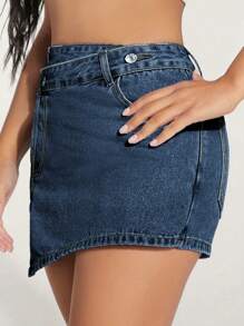 SHEIN PETITE High Waist Asymmetrical Hem Denim Skort - Dark Wash - View 5
