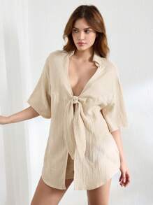 Ocili 女士綁帶長袖家居上衣 - 杏色 - 查看 1