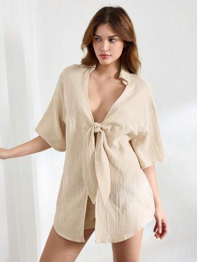 Ocili Leisure Women's Tie-Front Long Svee Home Wear Top