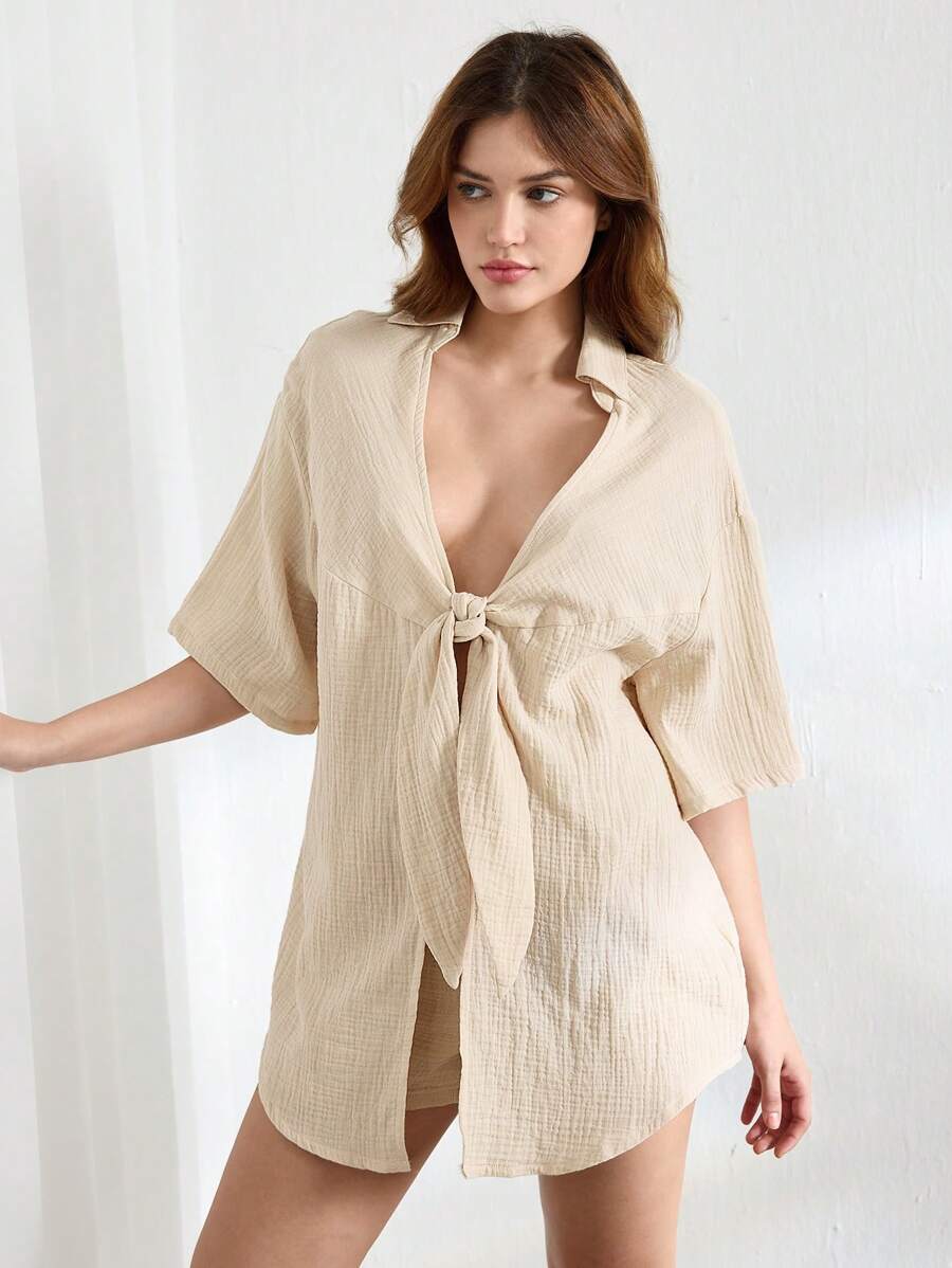 Ocili 女士綁帶長袖家居上衣 - 杏色 - 查看 1