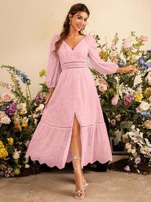 Simplee Women's Spring/Summer Lantern Sleeve Split Thigh Ruffle Hem Dress - Baby Pink - View 6