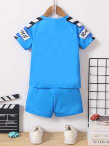 SHEIN Young Boy Cool Street Racing Print Short Sleeve Top And Casual Breathable Shorts - Blue - View 2