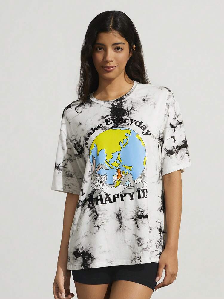 Cartoon And Letter Graphic Tie Dye Drop Shoulder Tee