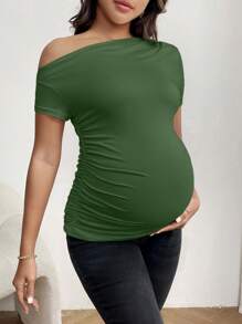 SHEIN Ladies' Solid Color Simple Style Asymmetrical Shoulder Maternity T-Shirt - Army Green - View 4