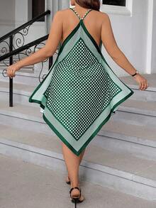 SHEIN Holidaya 大码印花不对称下摆度假风细肩带连衣裙，春夏季 - 墨綠色 - 查看 2