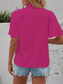 Breezaya 蕾絲邊修飾的v領短袖女襯衫 - 玫紅色 - 查看 2