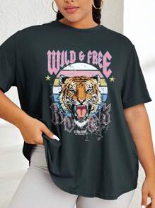 INAWLY Plus Size Men's Tiger & Letter Print T-Shirt - Dark Grey - View 4