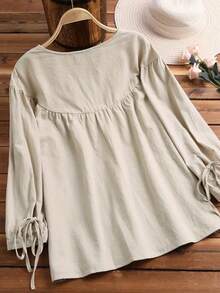 Women's Solid Color Round Neck Long Sleeve Shirt With Front Button Closure