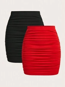 SHEIN BAE Falda Cuerpocon Con Pliegues Sólidos De Color Para Mujer - Negro - Ver 8