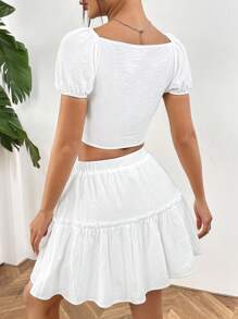 SHEIN EZwear White Woven Knitted Tie-Up Top And Ruffle Trim Skirt Women's Two-Piece Set